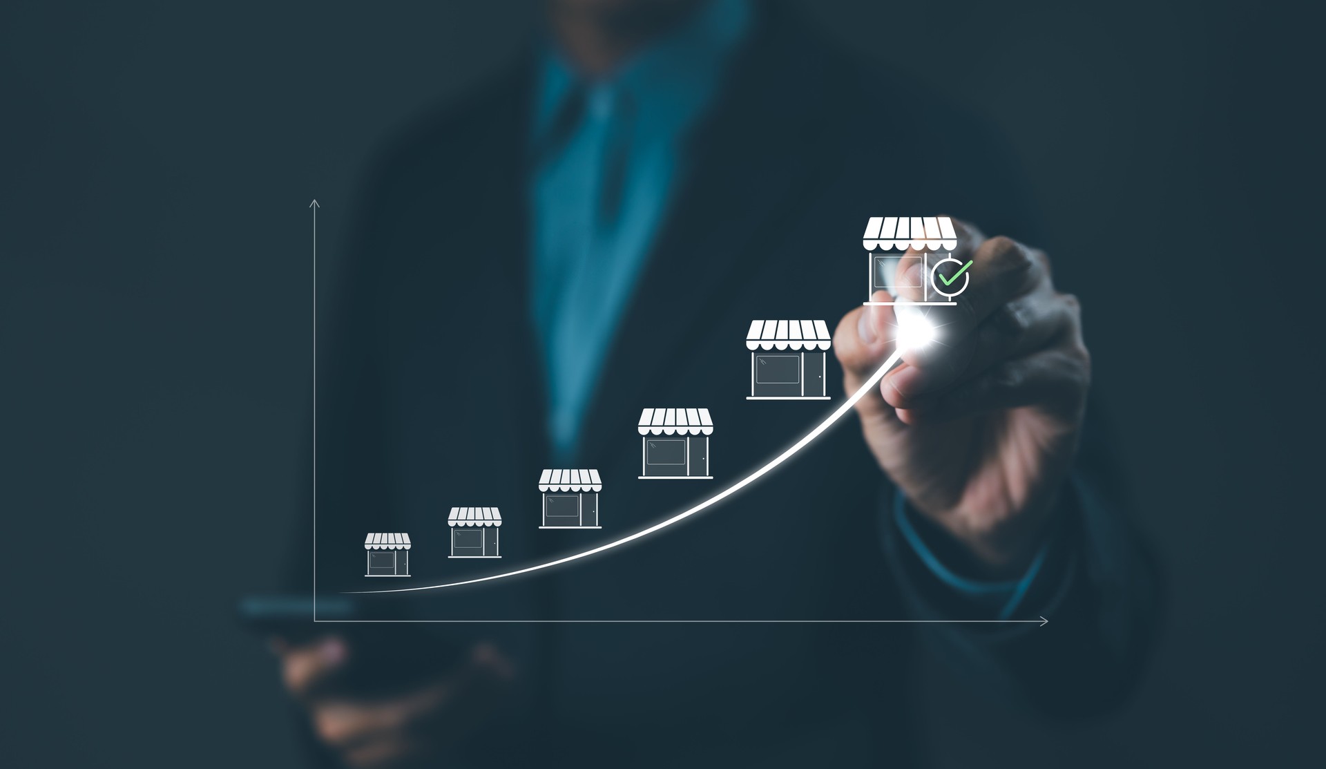 Franchise concept. Franchise Business Growth and Expansion Strategy Visualization. Entrepreneur visualizing franchise growth trajectory with increasing store icons on a digital upward trend graph.